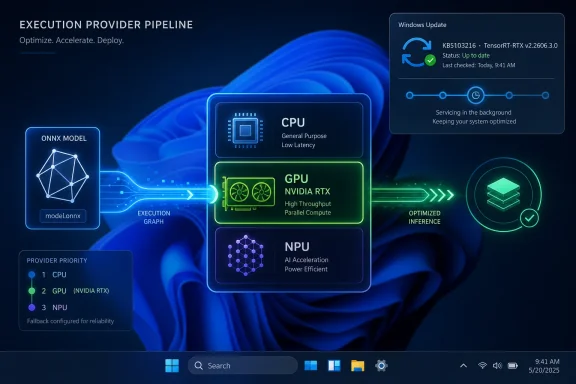 Infographic showing an execution pipeline routing ONNX inference across CPU, GPU (NVIDIA RTX), and NPU with Windows Update status. Infographic showing an execution pipeline routing ONNX inference across CPU, GPU (NVIDIA RTX), and NPU with Windows Update status.
