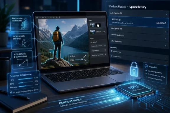 Laptop displays Windows update status and on-device AI processing metrics beside an NPU chip graphic. Laptop displays Windows update status and on-device AI processing metrics beside an NPU chip graphic.