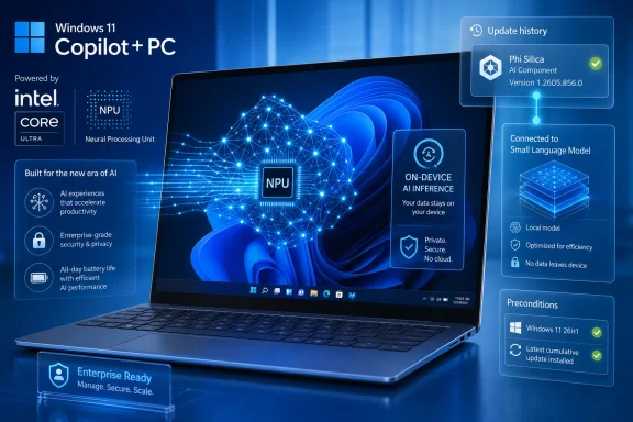 Windows 11 Copilot+ PC laptop with AI NPU on-device inference and update history UI overlays. Windows 11 Copilot+ PC laptop with AI NPU on-device inference and update history UI overlays.