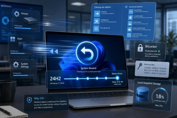 Windows “System Rewind” restore screen on a laptop with recovery options and BitLocker protection. Windows “System Rewind” restore screen on a laptop with recovery options and BitLocker protection.