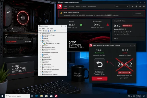 AMD Adrenalin installer shows a Radeon RX 7900 XT driver version mismatch marked incompatible. AMD Adrenalin installer shows a Radeon RX 7900 XT driver version mismatch marked incompatible.