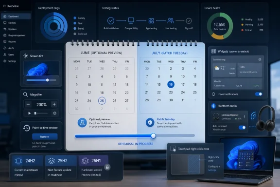 IT dashboard interface showing deployment rings, testing pipeline, device health, and screen tint controls. IT dashboard interface showing deployment rings, testing pipeline, device health, and screen tint controls.