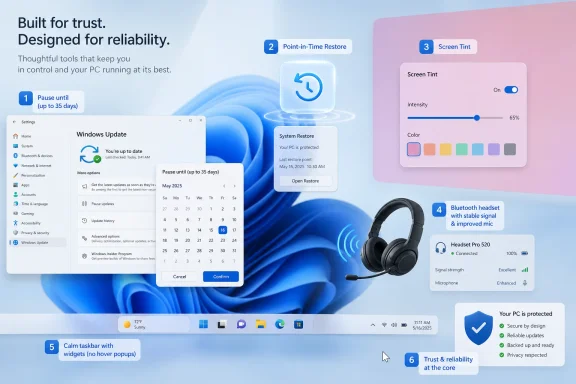 Promotional Windows 11-style graphic showing system restore, screen tint, and Bluetooth headset features. Promotional Windows 11-style graphic showing system restore, screen tint, and Bluetooth headset features.