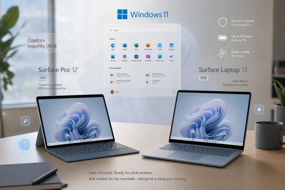 Windows 11 ad showing two Microsoft Surface laptops (Pro 12' and Laptop 13') on a desk. Windows 11 ad showing two Microsoft Surface laptops (Pro 12' and Laptop 13') on a desk.