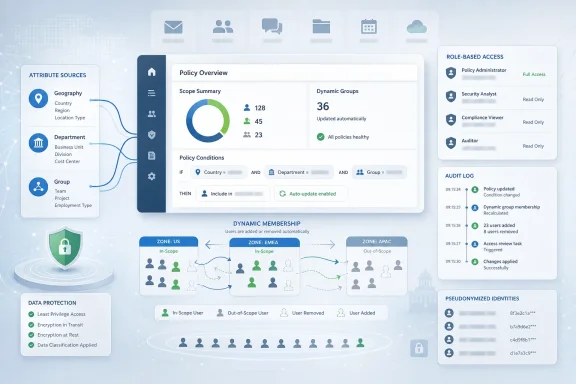 Dashboard shows dynamic membership and role-based access policies with audit logs and data protection icons. Dashboard shows dynamic membership and role-based access policies with audit logs and data protection icons.