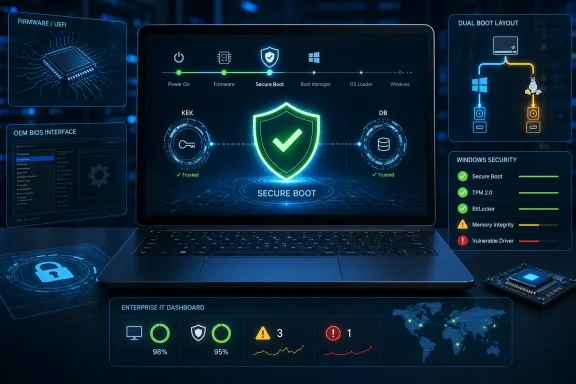 Tech dashboard shows Secure Boot and dual-boot configuration on a laptop screen. Tech dashboard shows Secure Boot and dual-boot configuration on a laptop screen.