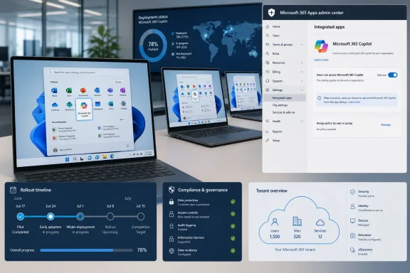 Office monitors show Microsoft 365 Copilot admin dashboard and deployment progress for an organization. Office monitors show Microsoft 365 Copilot admin dashboard and deployment progress for an organization.