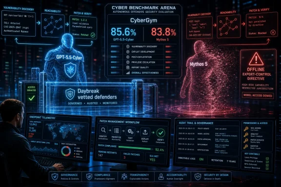 Cybersecurity dashboard shows GPT-5.5-Cyber benchmarking, patch verification, and access control in a cyber gym arena. Cybersecurity dashboard shows GPT-5.5-Cyber benchmarking, patch verification, and access control in a cyber gym arena.