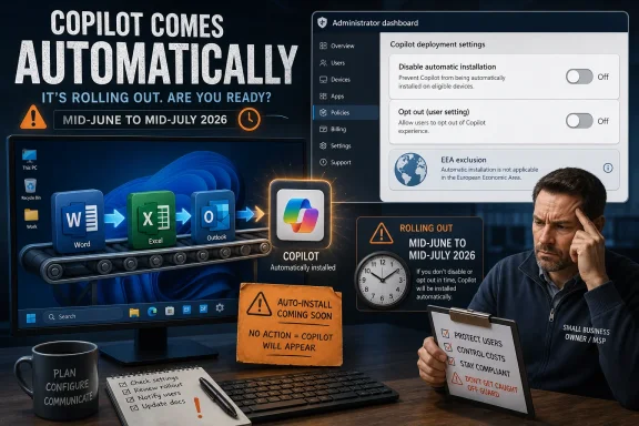 Promotional graphic showing Windows Copilot auto-install rollout, with administrator settings and warning text. Promotional graphic showing Windows Copilot auto-install rollout, with administrator settings and warning text.