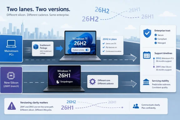 Infographic showing two Windows 11 versions (26H2 vs 26H1) with different silicon, cadence, and support timelines. Infographic showing two Windows 11 versions (26H2 vs 26H1) with different silicon, cadence, and support timelines.