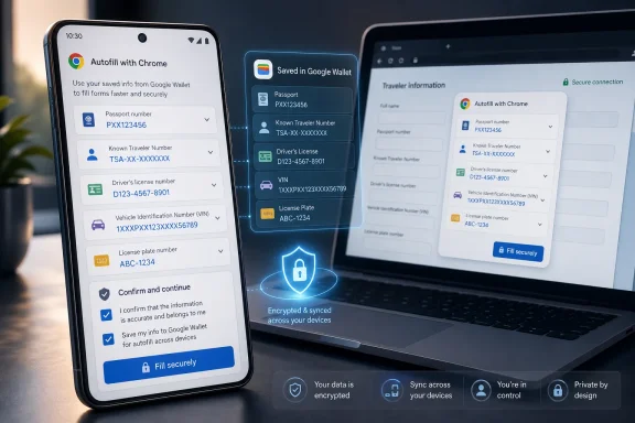 Smartphone and laptop screens show Google Chrome auto-fill secure forms with encrypted data syncing. Smartphone and laptop screens show Google Chrome auto-fill secure forms with encrypted data syncing.