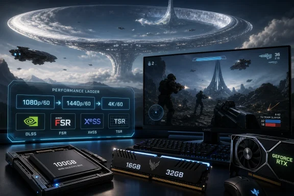 Futuristic gaming setup shows performance upgrades on monitors with SSD and RTX memory modules in foreground. Futuristic gaming setup shows performance upgrades on monitors with SSD and RTX memory modules in foreground.