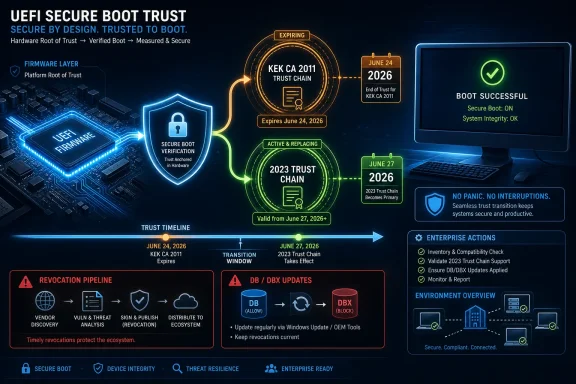 UEFI Secure Boot Trust infographic showing trusted boot verification, expiring certificates, and successful system integrity. UEFI Secure Boot Trust infographic showing trusted boot verification, expiring certificates, and successful system integrity.