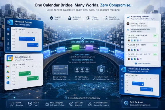 Futuristic ad showing a “Calendar Bridge” syncing Outlook and Google with privacy and busy-only options. Futuristic ad showing a “Calendar Bridge” syncing Outlook and Google with privacy and busy-only options.