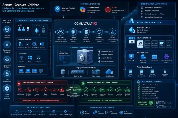 Infographic showing Commvault on Microsoft Azure for secure data protection, recovery, and validation. Infographic showing Commvault on Microsoft Azure for secure data protection, recovery, and validation.