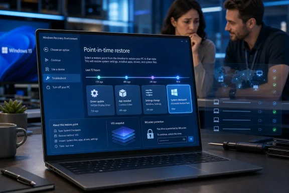 Laptop shows Windows Recovery Environment “Point-in-time restore” screen in a modern office. Laptop shows Windows Recovery Environment “Point-in-time restore” screen in a modern office.