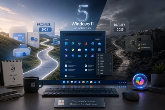 Windows 11 5th anniversary theme showing a laptop UI with “Promise 2021” and “Reality 2025” elements. Windows 11 5th anniversary theme showing a laptop UI with “Promise 2021” and “Reality 2025” elements.