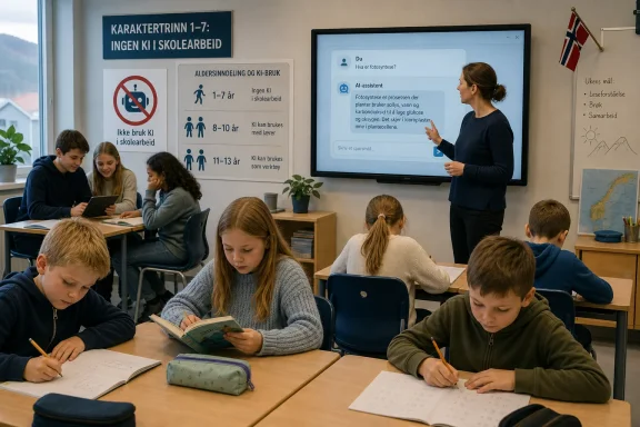 Teacher presents lessons on a screen while children work and write in a classroom.