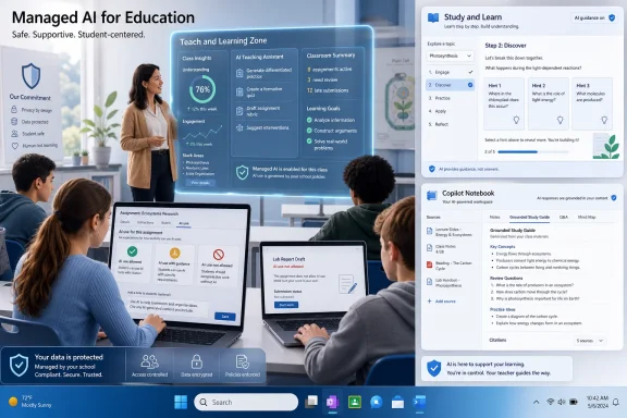 A classroom scene with a teacher and students using an AI education dashboard titled “Managed AI for Education.”