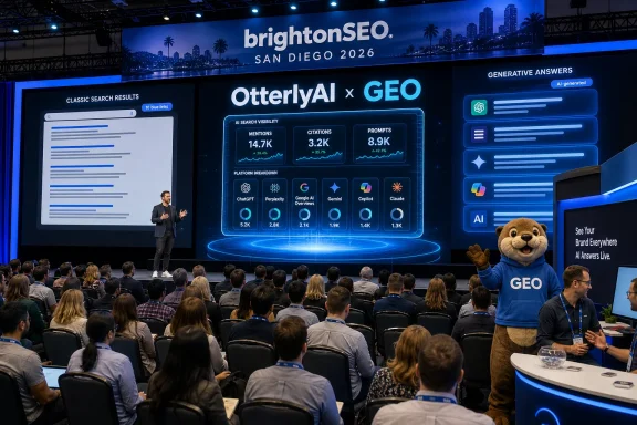 Conference audience watches a speaker present an OtterlyAI x GEO dashboard at BrightonSEO San Diego 2026.