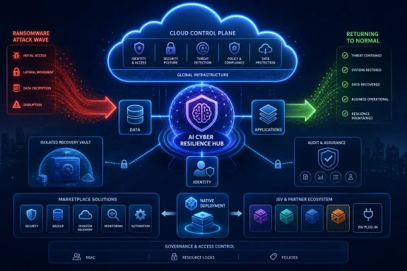 Cybersecurity resilience diagram showing how a cloud control plane contains ransomware and restores systems. Cybersecurity resilience diagram showing how a cloud control plane contains ransomware and restores systems.