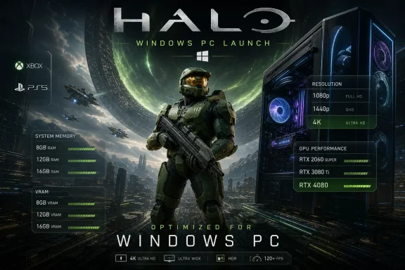 Halo-themed PC launch poster showing a soldier, PC build specs, and Xbox/PS5 logos with “H A L O” and “WINDOWS PC LAUNCH.”
