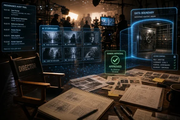 Futuristic storyboard approval dashboard with UI panels, data boundaries, and an “Approved” status.