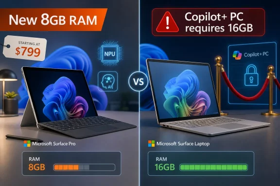 Side-by-side Microsoft Surface Pro vs Laptop ad shows 8GB RAM price vs Copilot+ PC needing 16GB.