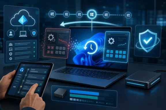Hand controls a tablet beside a laptop, with cloud, sync and security icons over a blue tech dashboard.