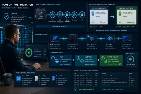 IT admin monitors secure boot root certificate migration dashboard showing progress and validation status.