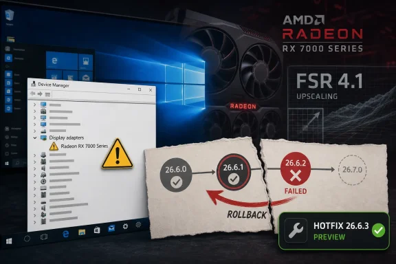 AMD Radeon RX 7000 driver update 26.6.1 fails and rolls back, showing hotfix 26.6.3 preview.