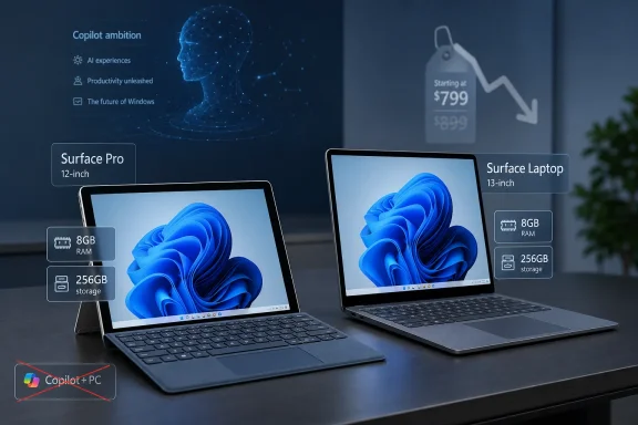 Promotion graphic showing Surface Pro and Surface Laptop with Copilot pricing, RAM, and storage details.