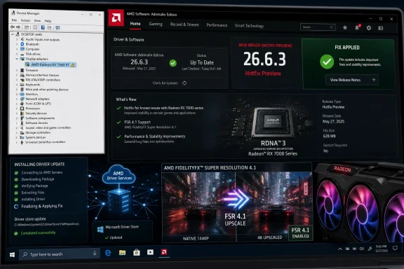 AMD Radeon Adrenalin software in Device Manager showing driver update 26.6.3 Hotfix Preview applied.