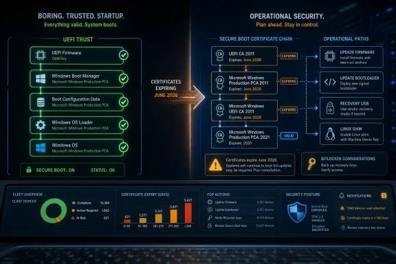 Cybersecurity dashboard showing UEFI secure boot certificate chain expiry and planned firmware/bootloader updates.