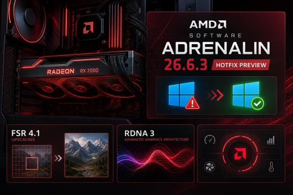 AMD Adrenalin 26.6.3 hotfix preview shown over an RX 7000 gaming PC with red RGB glow.