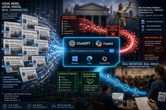 A newsroom infographic collage shows local news articles, AI removal of metadata, and copyright/attribution icons.