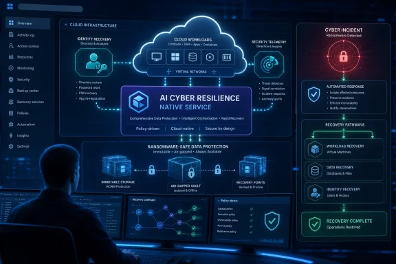 AI-driven cloud cyber resilience dashboard showing ransomware detection, automated response, and recovery pathways.