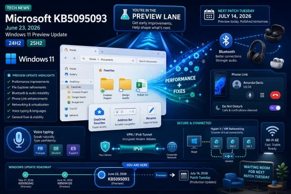 Microsoft KB5095093 preview update graphic for Windows 11, highlighting performance, Bluetooth, and Phone Link fixes.
