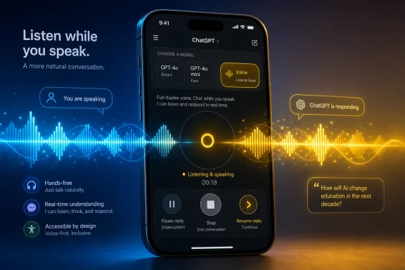 Smartphone UI shows ChatGPT voice “Listen & Speak” with real-time audio waveforms.