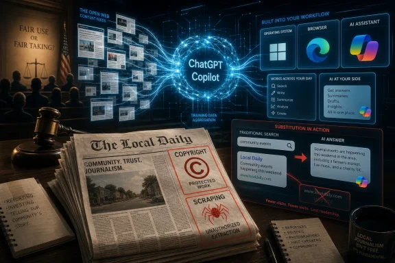 Futuristic newsroom scene with ChatGPT/Copilot visuals beside “The Local Daily” and copyright protections.