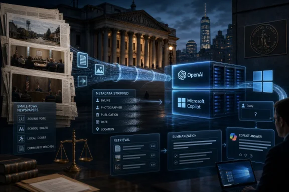 A courtroom scene blends with glowing AI data streams, OpenAI and Copilot interfaces over a city skyline.