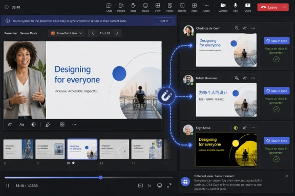 Online presentation screen showing slides titled “Designing for everyone” with a presenter and synced viewer view.