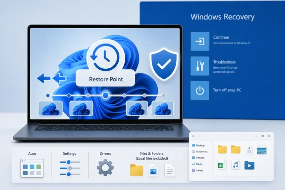 A laptop shows Windows Recovery with a “Restore Point” interface and troubleshooting options.