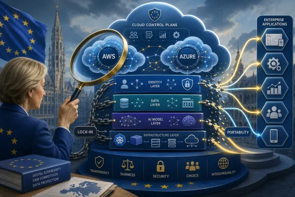 EU official examines a cloud “control plane” with AWS/Azure layers, security, and enterprise applications.