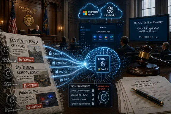 Futuristic courtroom scene with glowing AI, Microsoft Azure, and OpenAI icons over news papers and legal filings.
