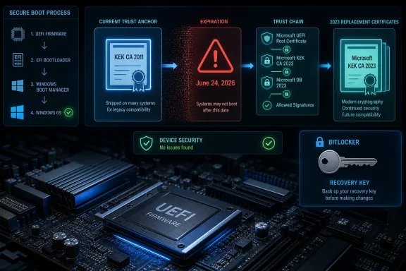 Secure boot and certificate trust-chain timeline shown over a computer motherboard with UEFI firmware and BitLocker recovery key.