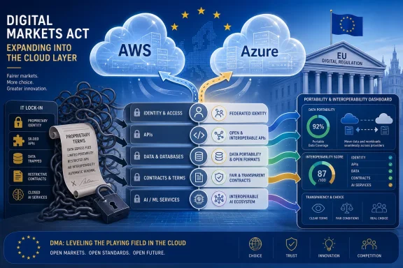 EU cloud regulation infographic comparing AWS and Azure, promoting portability, interoperability, and identity control.
