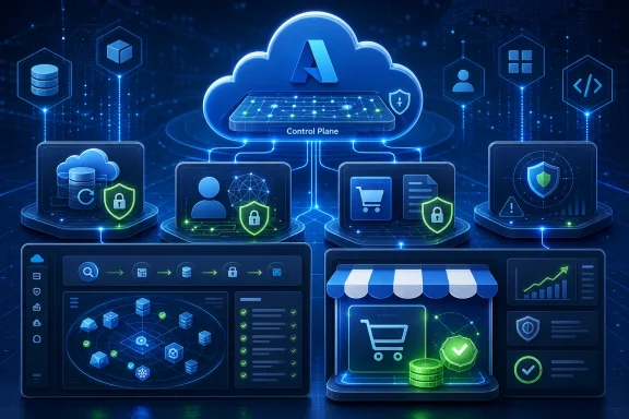 Futuristic cloud computing control system with security icons, data servers, and analytics dashboards.