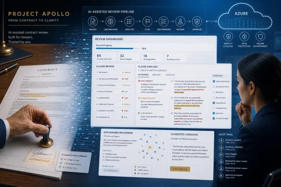 AI dashboard reviewing a contract with clause analytics, flagged issues, and an approval stamp on a desk.