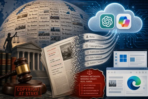 Legal court gavel and newspapers with AI/Cloud media icons, copyright warning, and a browser window about missing metadata.
